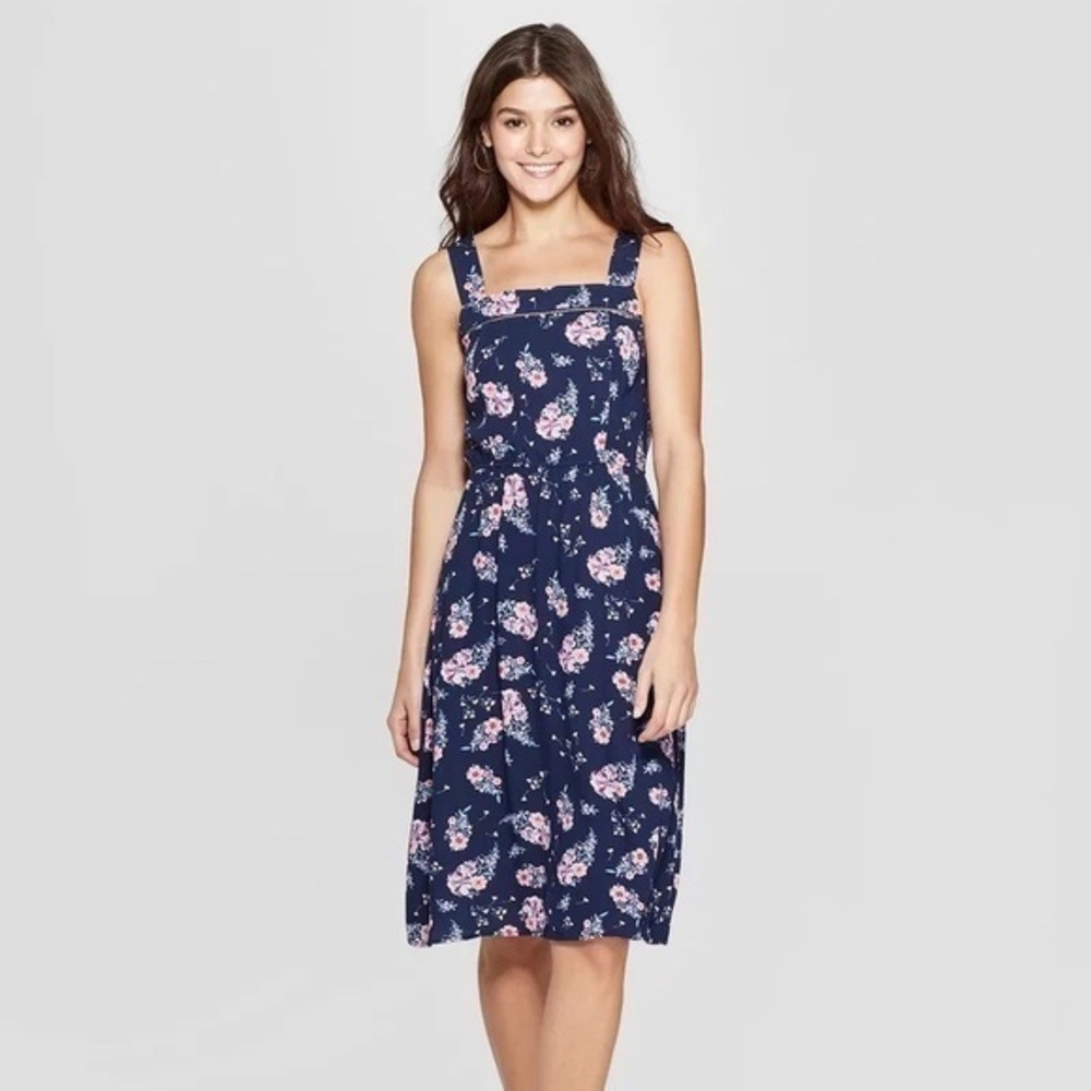 CLEARANCE NWOT Navy Blue Square Neck Pink Floral Midi Dress New Elastic Waist